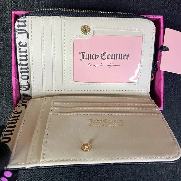 Juicy Couture Black Faux Leather Gold Bifold Beaded Heart Wallet Zipper NEW NWT - Picture 7 of 14